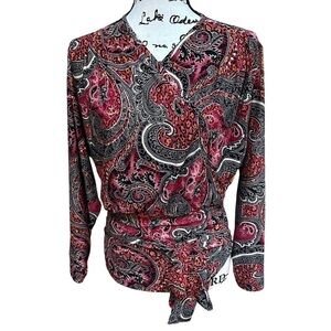 AWARE Paisley Print V-Neck Blouse with Waist Tie Size S/M
